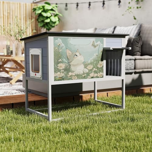 Raised Outdoor Cat House Weatherproof Insulated Shelter with Openable Top E5308