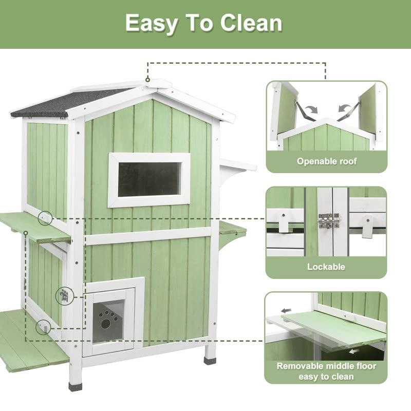 Outdoor Cat Shelter Weatherproof Two Story Wooden Feral Cat House with Openable Roof V6308