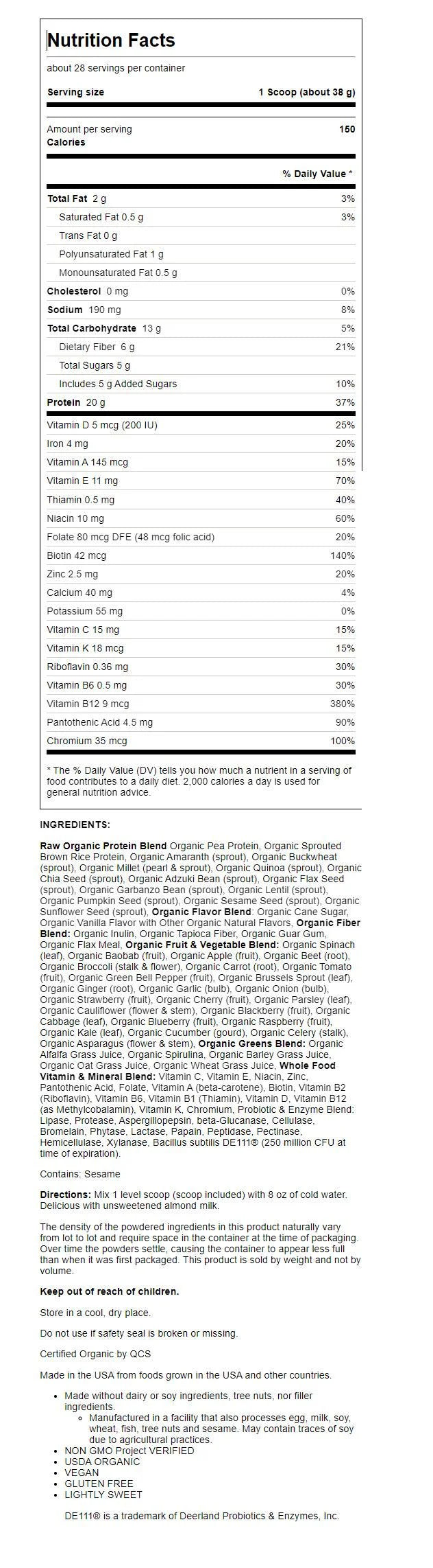 Garden of Life Raw Organic Meal Replacement Shake Powder, Lightly Sweet, 20g Protein A994440