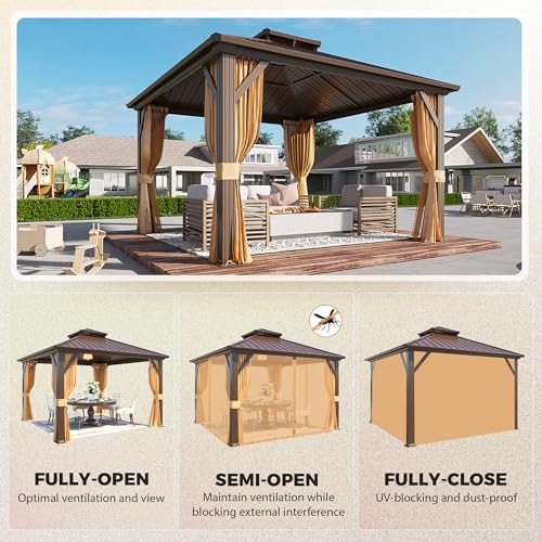 YOLENY 10' x 12' Hardtop Gazebo with Galvanized Steel Double Roof, Netting and Curtains Y84317