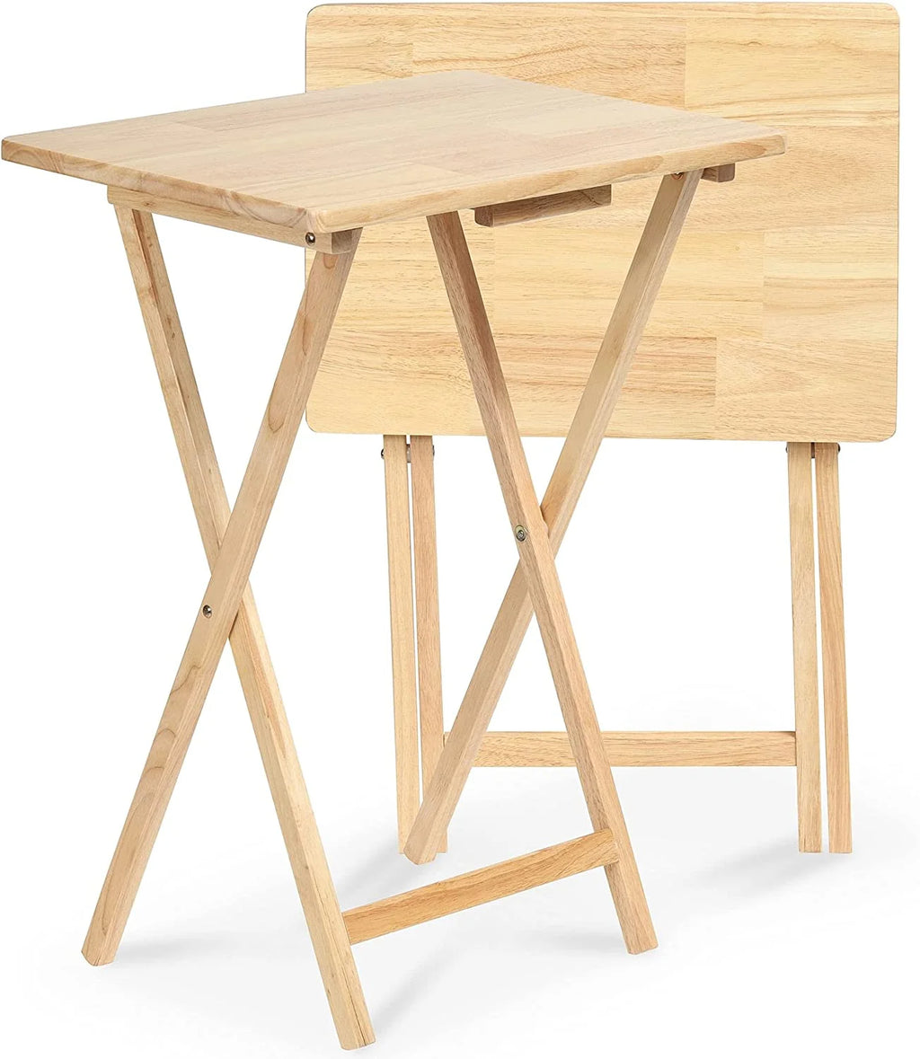Rectangle Folding Portable TV Snack Serving Tray Table, Solid Wood Construction with Natural Finish, 2 Piece Set