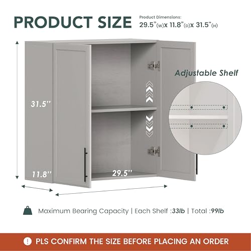 Wall Storage Cabinet with Two Shaker Doors and Shelf, Grey, 24"W, 2 Pcs N34755