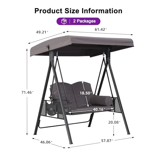 PURPLE LEAF Outdoor Patio Porch Swing with Adjustable Canopy, 3-Seat Bench, Grey W393