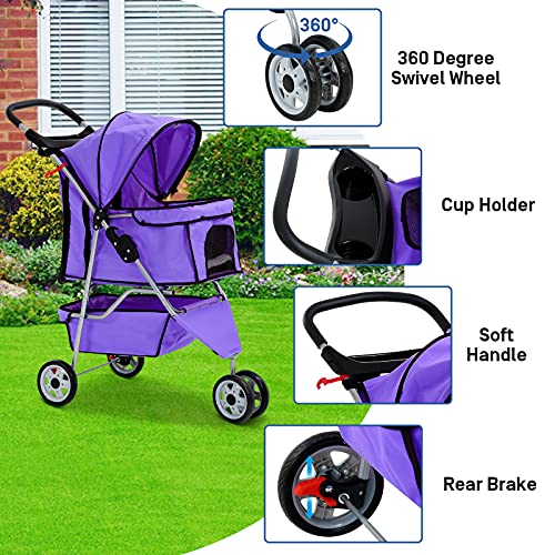 3 Wheels Pet Stroller for Dog Cat, Lightweight Foldable Jogger with Cup Holders, Pink K1046