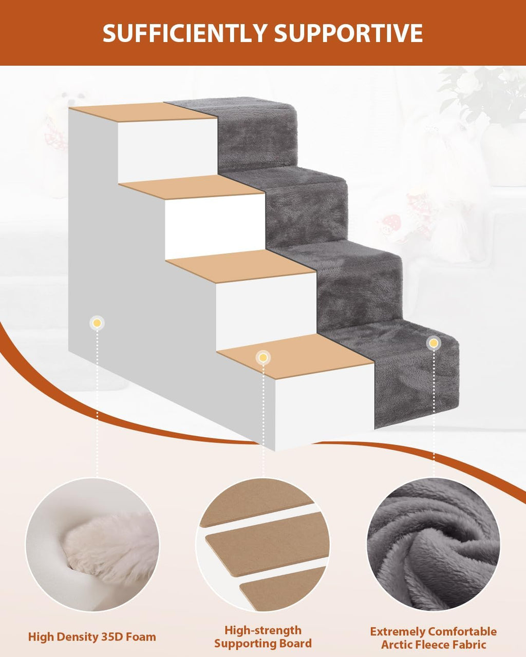 Dog Stairs for Small Dogs 5-Step Pet Stairs for High Beds and Couches, Grey X38709