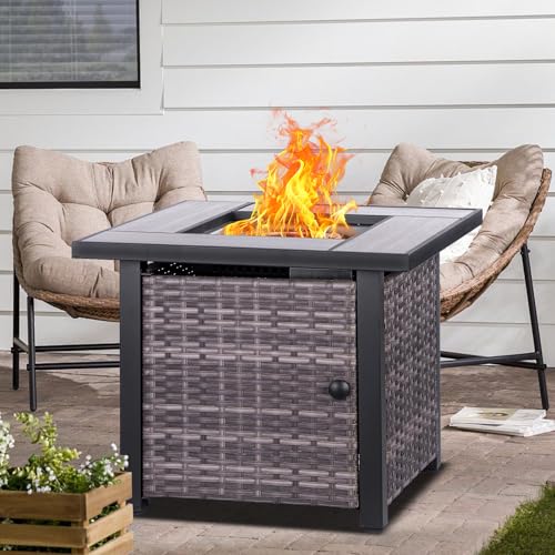 30" Propane Fire Pit Table with Ceramic Top, 50000 BTU, Outdoor Gas Firepit with Lid & Glass Rock Y964