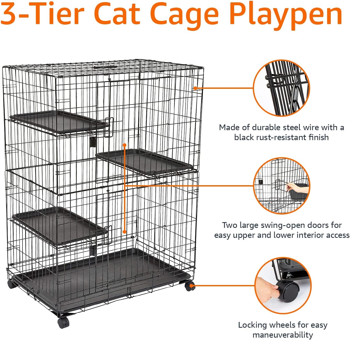 Amazon Basics 3-Tier Cat Cage Playpen, Black M257