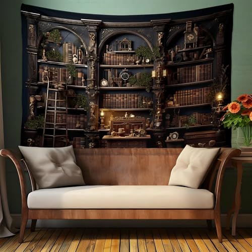QGHOT Medieval Bookshelf Tapestry Vintage Library Wall Hanging P36533