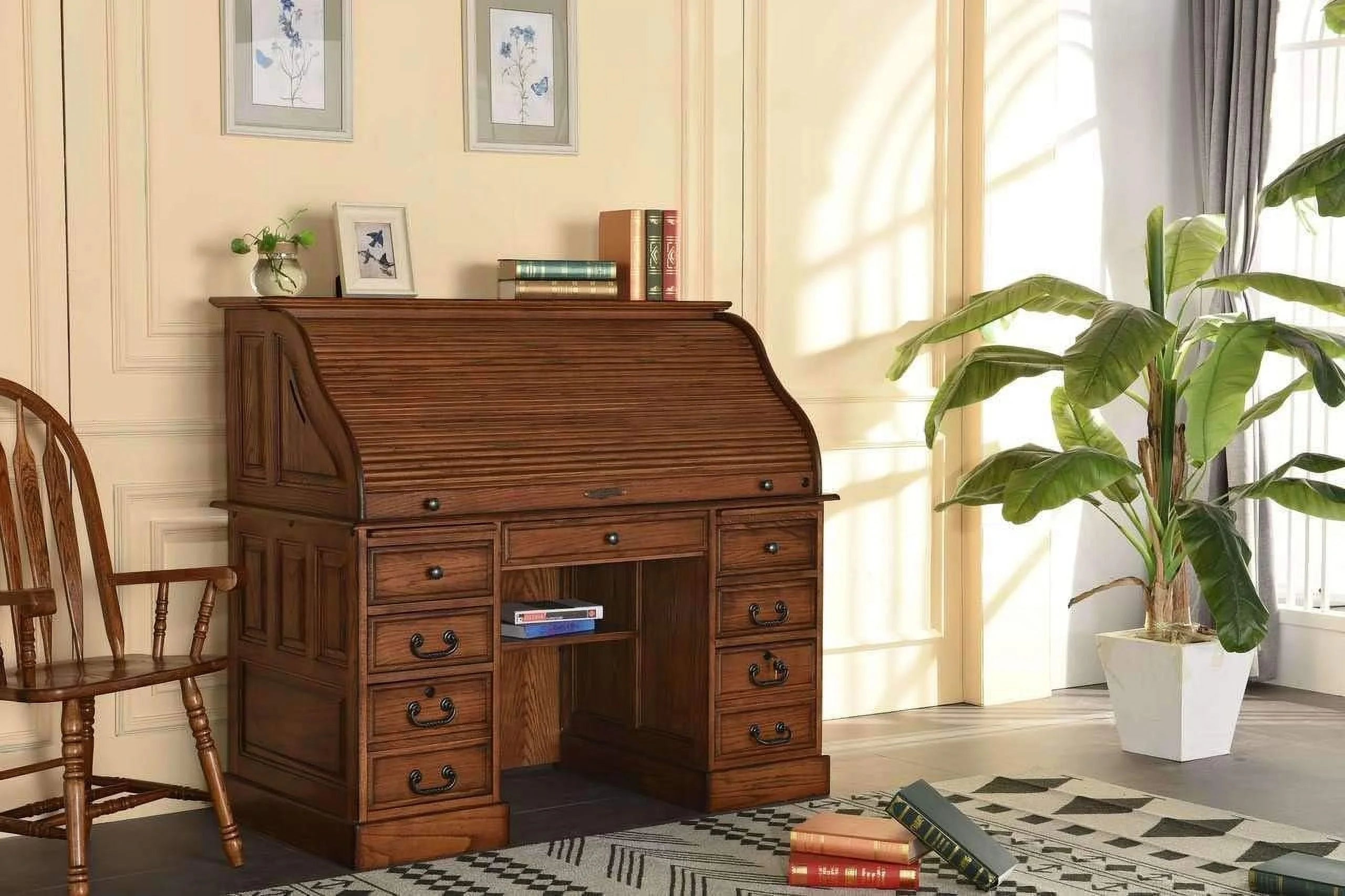 Solid Oak Wood 54 Inch Executive Rolltop Desk with Hutch X960378