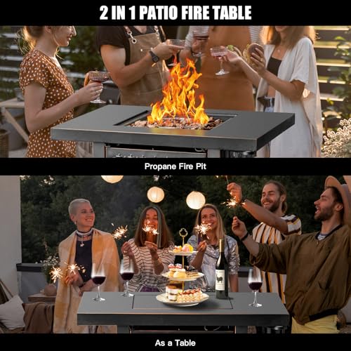 32 Inch Propane Fire Pit Table with 2 Drink Holders, Lid & Lava Rock V846641