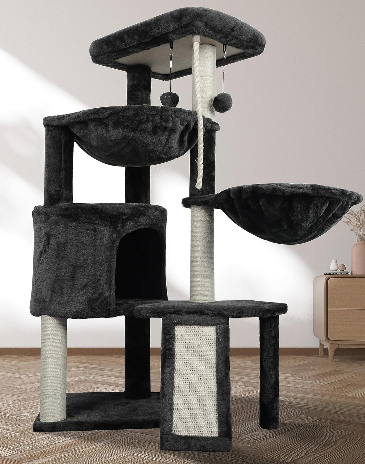 Xin Three Layer Cat Tree with Cat Condo and Two Hammocks, Darkgray C11890