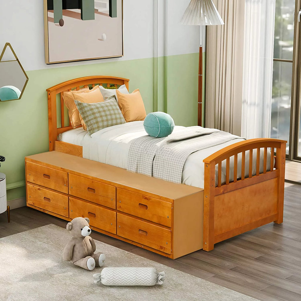 SOGES Twin Size Wood Platform Bed with 6 Drawers Oak L65416