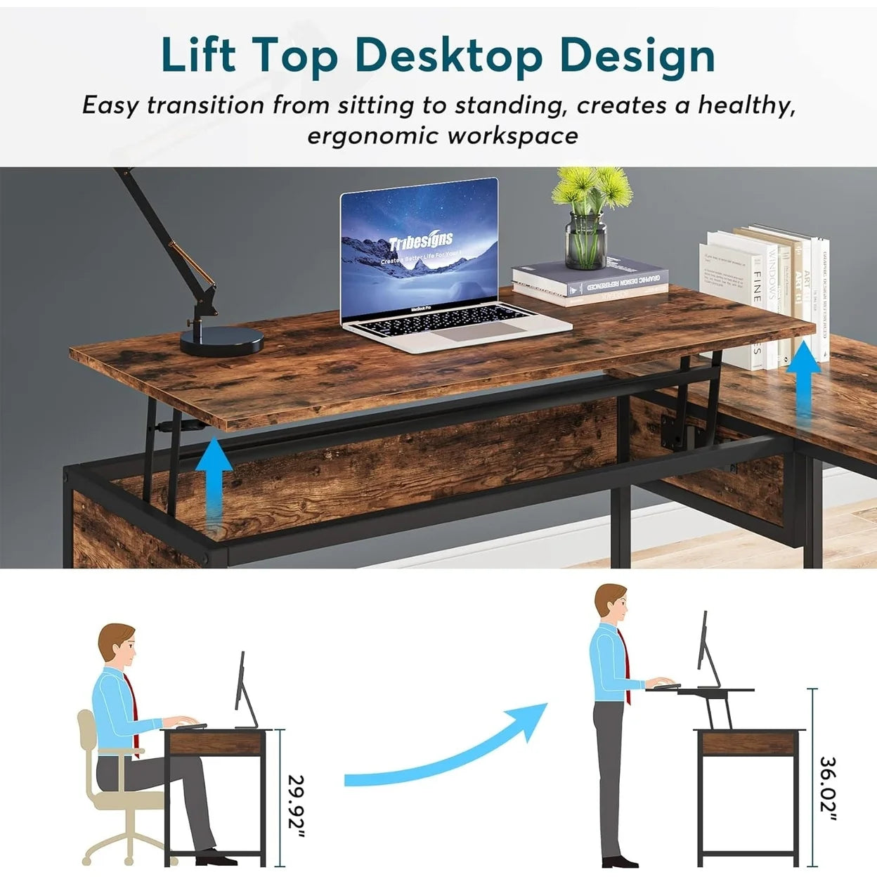 Tribesigns L-Shaped 59" Computer Desk with Drawers and Lift Top L17086