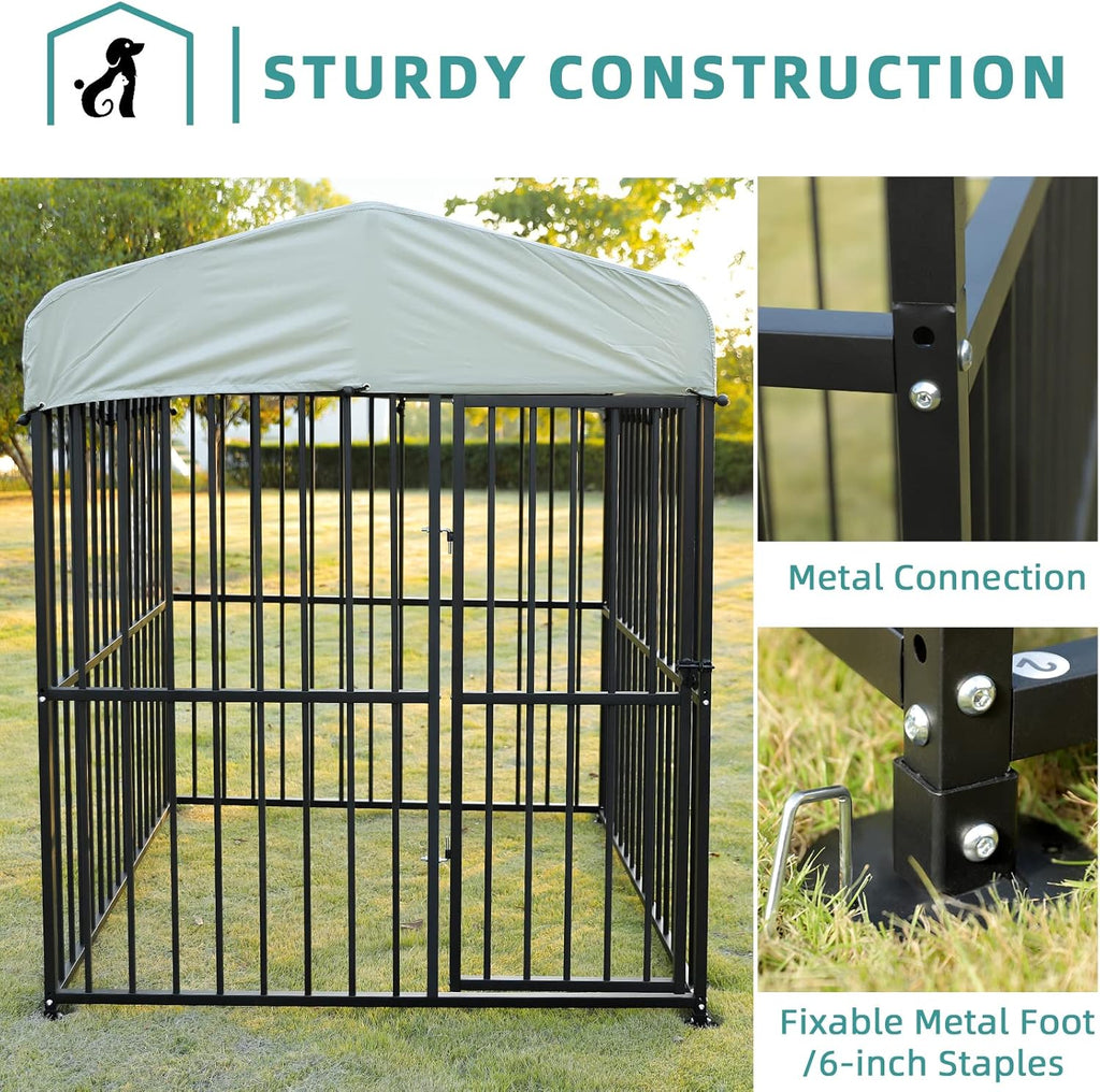 MEETWARM Large Outdoor Dog Kennel, Heavy Duty Metal Pet Playpen with Waterproof Cover T636