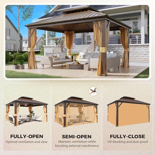 YOLENY 10' x 12' Hardtop Gazebo with Galvanized Steel Double Roof, Netting and Curtains Y84317