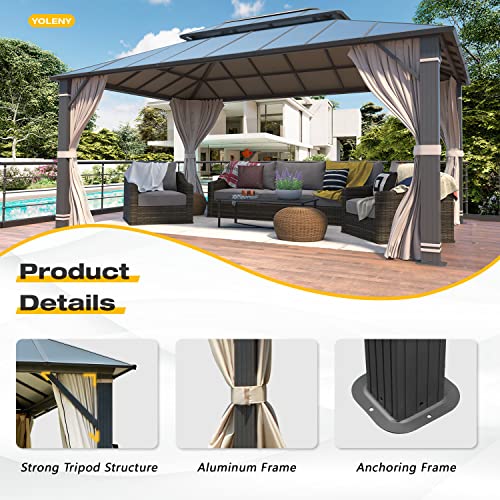 YOLENY 10' x 12' Hardtop Gazebo with Galvanized Steel Double Roof, Netting and Curtains Y84317