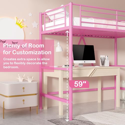VECELO Loft Bed Twin Size Metal Frame with Ladder and Guardrail, Pink B728246