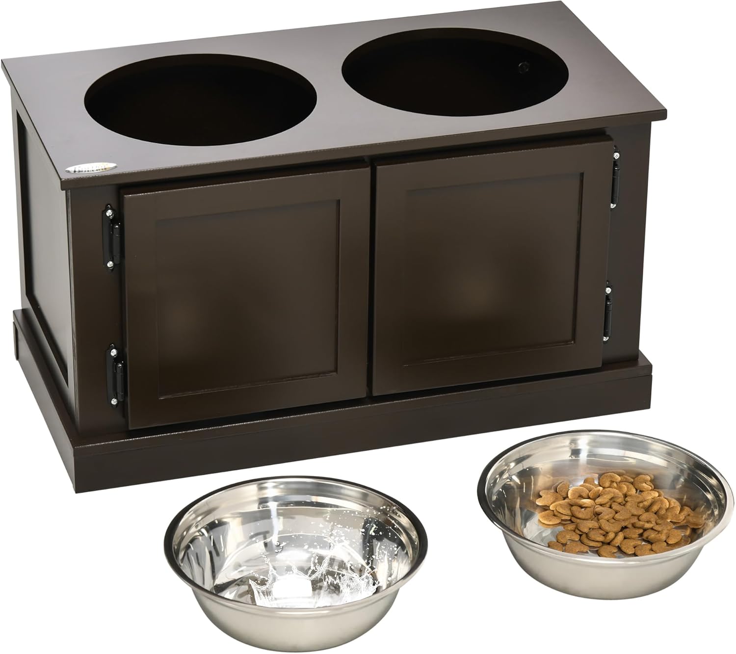 PawHut Elevated Dog Bowls for Large Dogs, Raised Dog Bowls Pet Feeder Station with Storage Cabinet, 2 Stainless Steel Bowls, for Indoor Use, Coffee