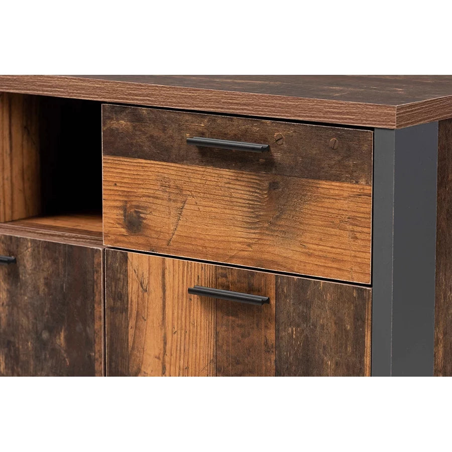 Baxton Studio Ranger Mid-Century Modern Rustic Brown Wood and Grey Metal 2-Door Sideboard G811