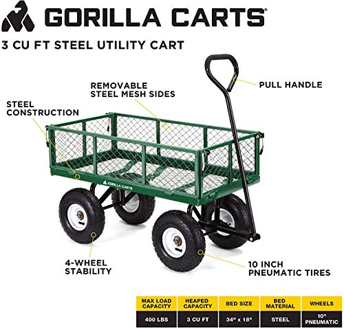Gorilla Carts Steel Utility Wagon with Removable Side Panels, 1000 lb Capacity, Gray U674568