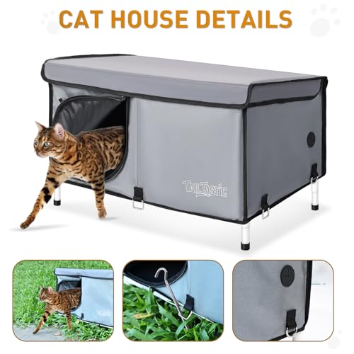 Outdoor Cat House Elevated Insulated Waterproof with Cozy Cushion Grey Large B878