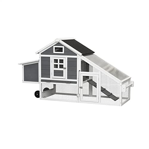 Large Wooden Chicken Coop Outdoor, 70" Chicken Hutch with Wheels, Removable Tray, Ramp, Waterproof, Rabbit Hutch, Bunny Hutch, Pet House for Small Animals(Gray)