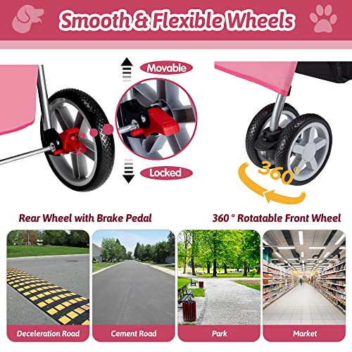Pet Stroller 4 Wheels Folding Dog Cat Carrier with Storage Basket, Purple Y61406