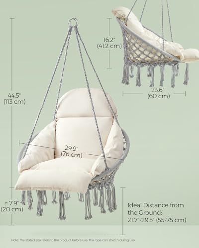 SONGMICS Hanging Chair with Large Thick Cushion, Boho Swing Chair, Cream White C225966