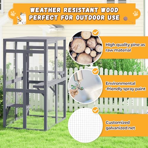 Wooden Catio Outdoor Cat Enclosure with Window Access (Black) D5959