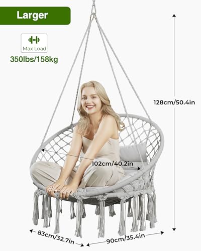 Greenstell Hammock Chair, Macrame Swing Chair with Cushion, Indoor & Outdoor, Beige G7957