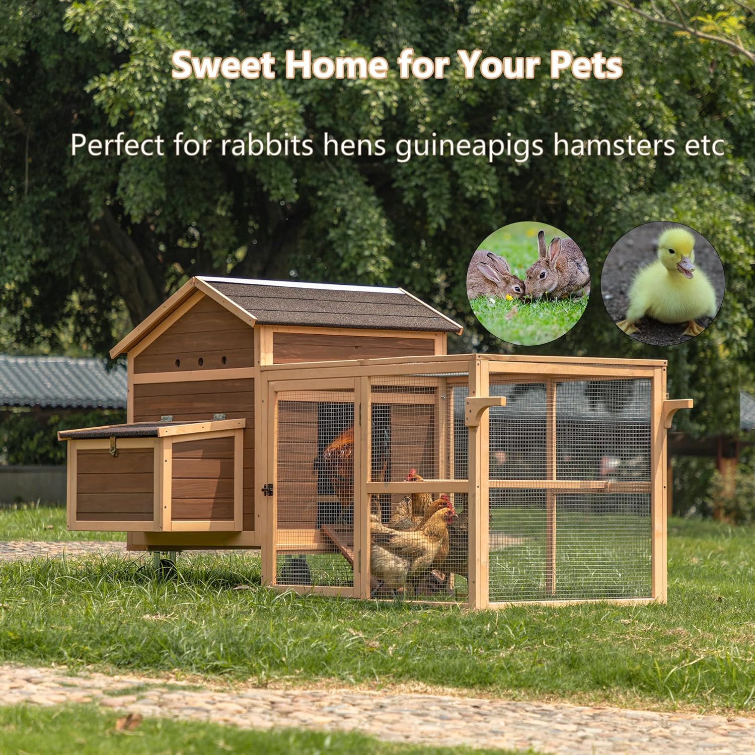 81"L Movable Chicken Coop with Wheels for 4-6 Chickens, Nesting Box and Run R1350