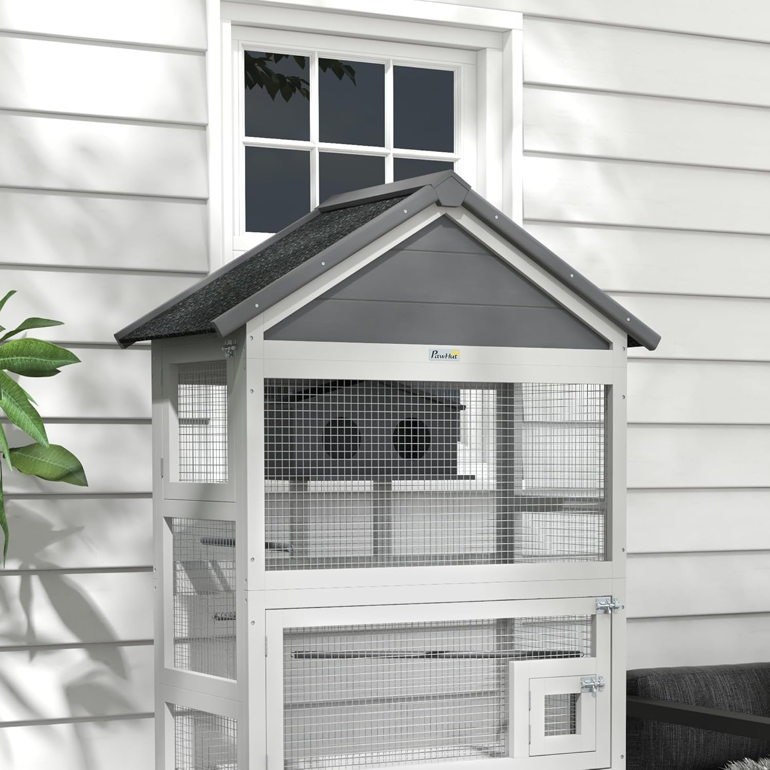PawHut Wooden Bird Aviary Outdoor Cage with Slide-Out Tray, Gray E331667