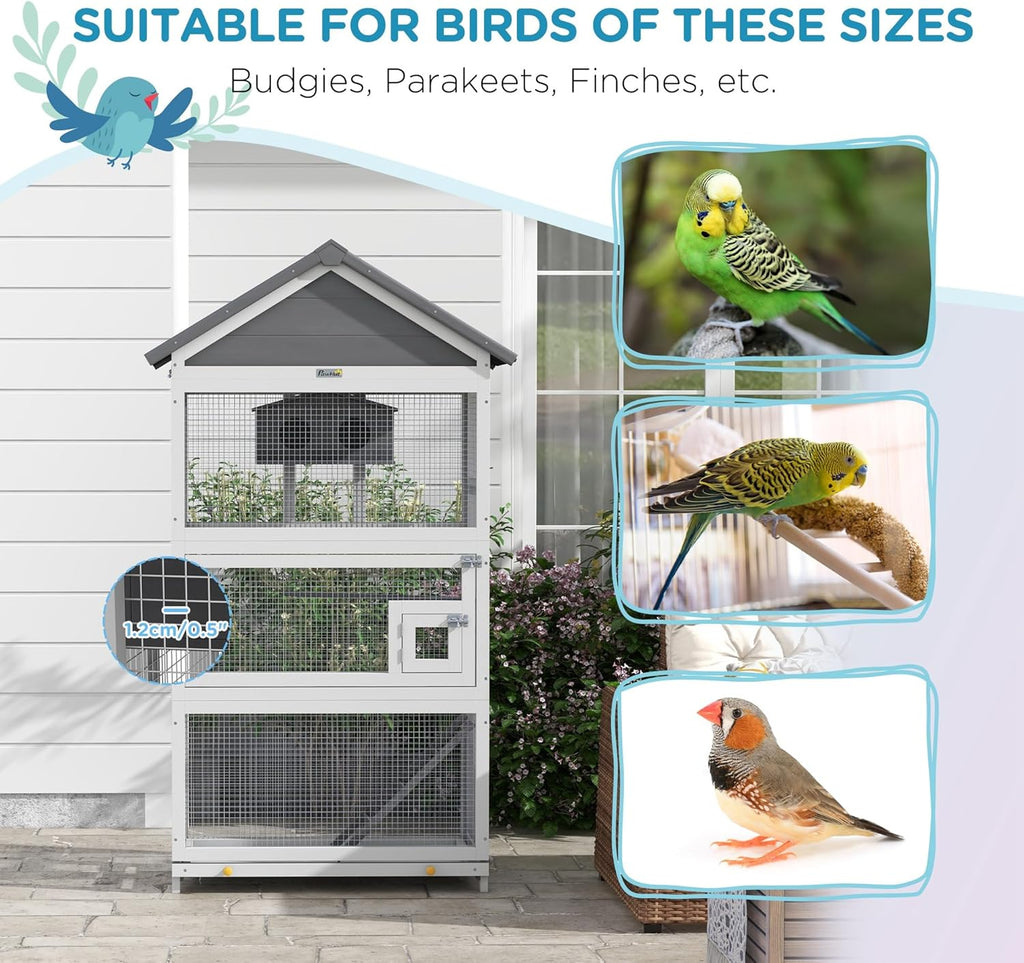 PawHut Wooden Bird Aviary Outdoor Cage with Slide-Out Tray, Gray E331667