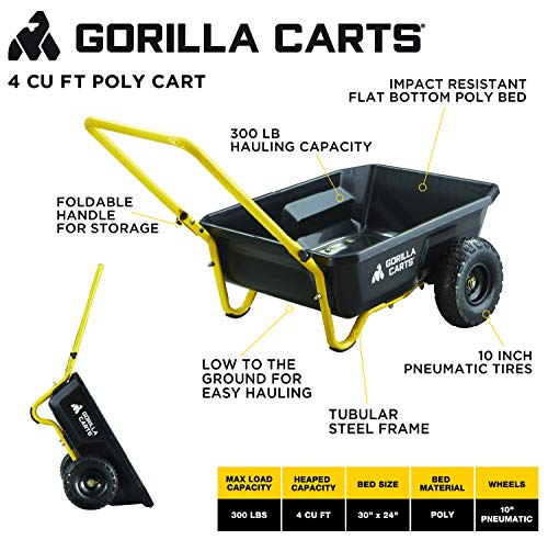 Gorilla Carts GCR-4 Poly Dump Cart, 2-Wheel Garden Wagon, 4 cu ft, 300 lb Capacity R599423
