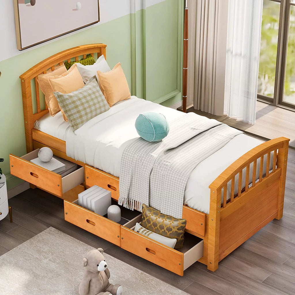 SOGES Twin Size Wood Platform Bed Captain Storage Bed with 6 Drawers Kids Bedroom Oak