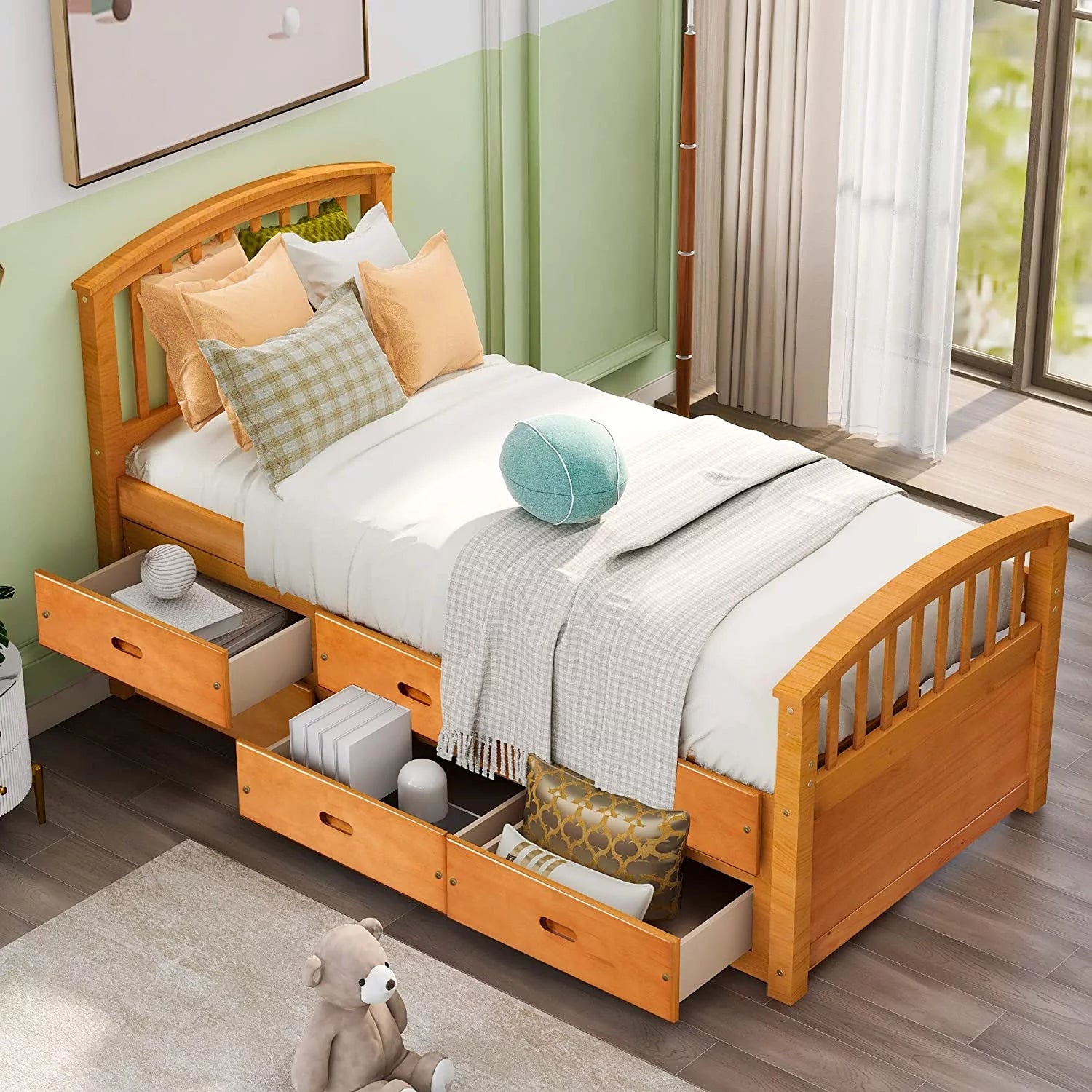 SOGES Twin Size Wood Platform Bed Captain Storage Bed with 6 Drawers Kids Bedroom Oak