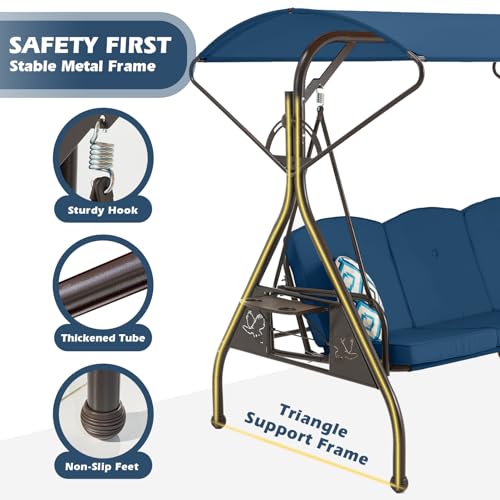 800LBS Patio Swing with Canopy 3 Seat Outdoor Porch Swing with Stand, Cup Holder & Pillow (Green) O887