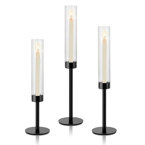 Black Hurricane Candle Holders Set of 6 Glass Taper Candlestick Holders G494