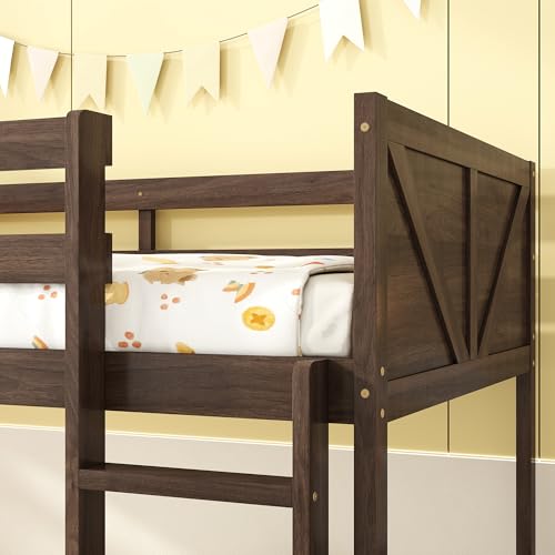 Twin Over Twin Wood Bunk Bed with Ladder and Guardrails for Kids P604