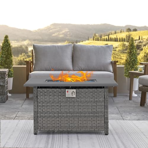 SUNSITT Outdoor Fire Pit Table 43 Inch Wicker Propane with Aluminum Tabletop, Taupe F2263