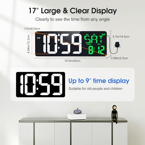 17 Inch Digital Wall Clock with Bluetooth Sync, Auto-Dimming and Remote S55740
