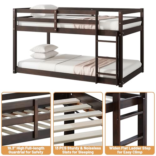 Twin Over Twin Wood Bunk Bed with Ladder and Guardrails for Kids P604