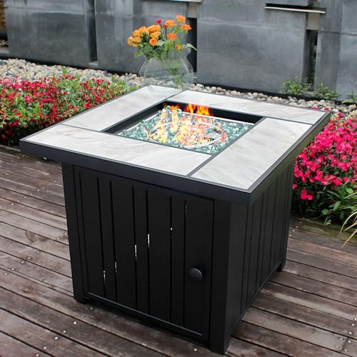 30" Propane Fire Pit with Real Ceramic Tabletop, 50000 BTU Gas Firepit Table with Lid & Glass Rock, Outdoor Fire Pit for Dining or Party, Firepit for Outside, Patio, Garden, Yard