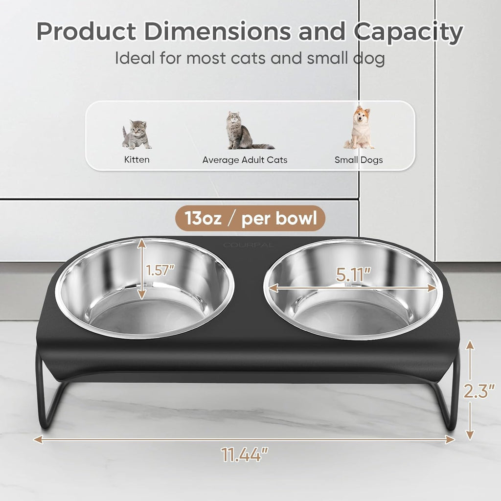 Raised Cat Food and Water Bowl Set with Stainless Steel Stand, 15° Tilted, Double Metal Bowls B6901