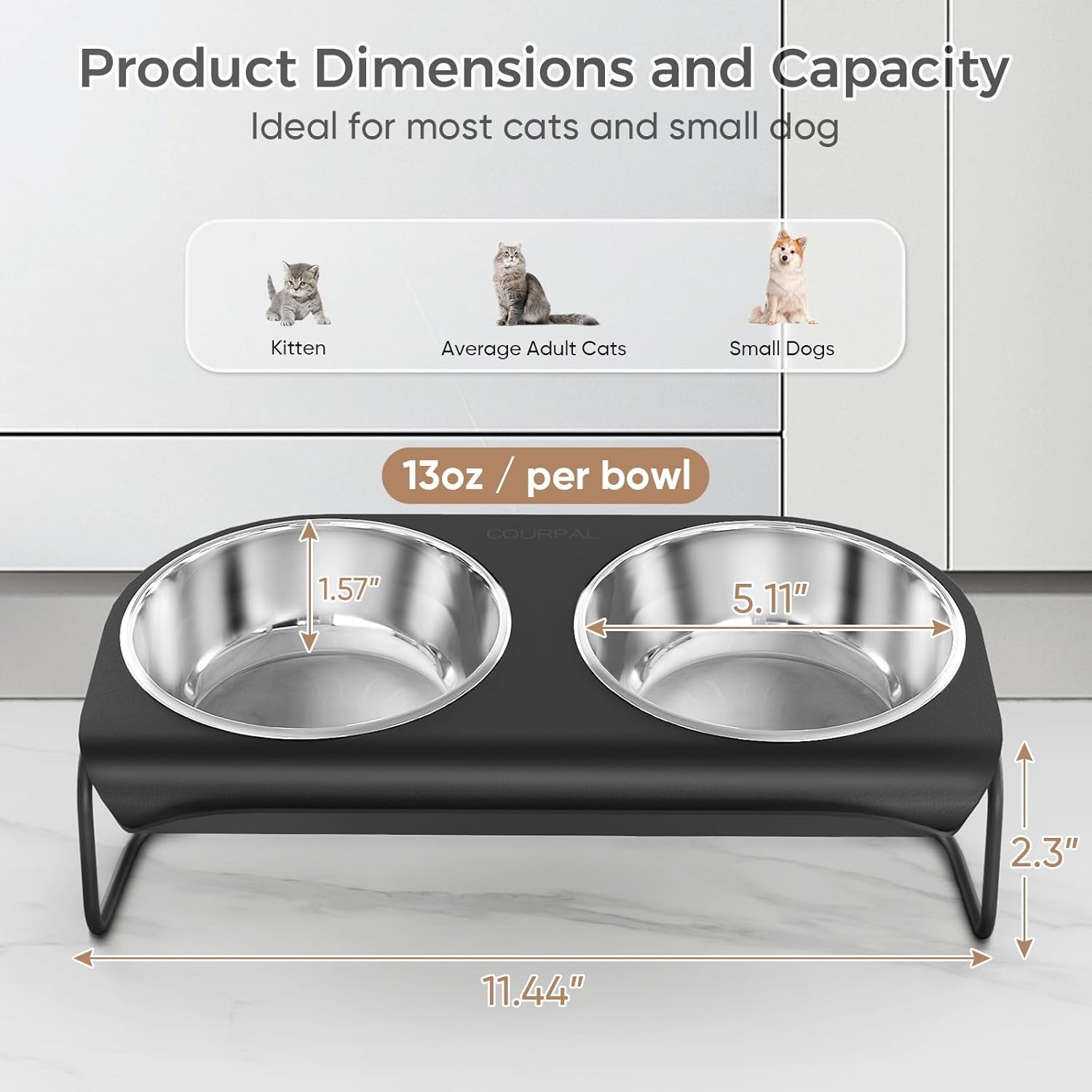 Raised Cat Food and Water Bowl Set with Stainless Steel Stand, 15° Tilted, Double Metal Bowls B6901