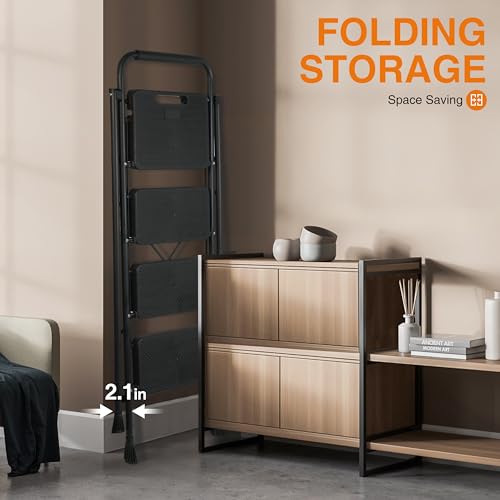 3 Step Ladder, Portable Steel Folding Stool with Anti-Slip Pedal, Black T5115