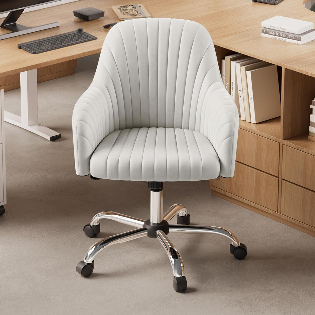 Warmiehomy Upholstered Velvet Office Chair, Modern Home Office Chair with Mid-Back and Armrests Swivel Task Makeup Vanity Chair for Living Room, Bedroom, Make-up, Studying, Working (Beige)