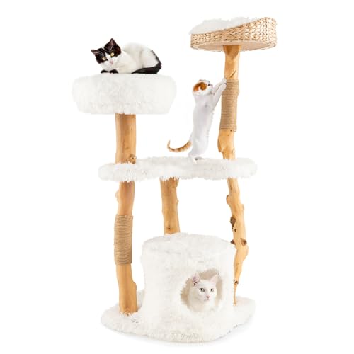 Tangkula Cat Tree for Indoor Cats, Solid Wood Modern Cat Tower with Cozy Top Perch, 2 Platforms & 1 Hammock, Natural Branch Cute Cat Tree with Scratching Posts & Sisal Rope for Large Cats (34 Inch)