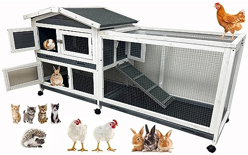 Extra Large Two Story in/Outdoor Rabbit Hutch Chicken Coop Guinea Pig Cage On Wheels Cat Penthouse Home with 3 Deep Pull Out No Leak Tray Waterproof Roof