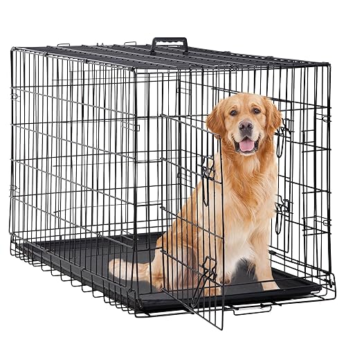 48 Inch Extra Large Dog Crates for Medium Dogs Double-Door Folding XXL Dog Crates for Large Dogs Indoor/Outdoor Large Dog Cages for Large Dogs Metal Wire Dog Kennel with Plastic Tray and Handle(Black)